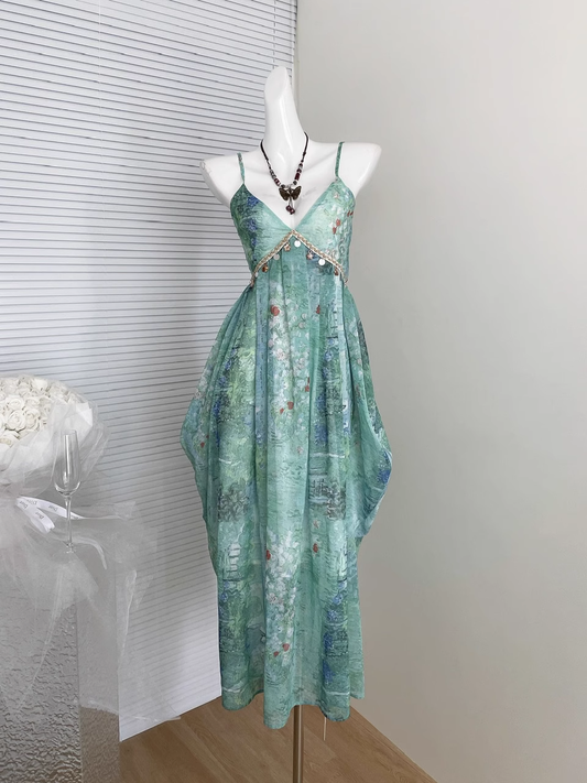 New Fashion Flora V-neck Design Beach Holiday A-line Spaghetti Strap Dress TP3369