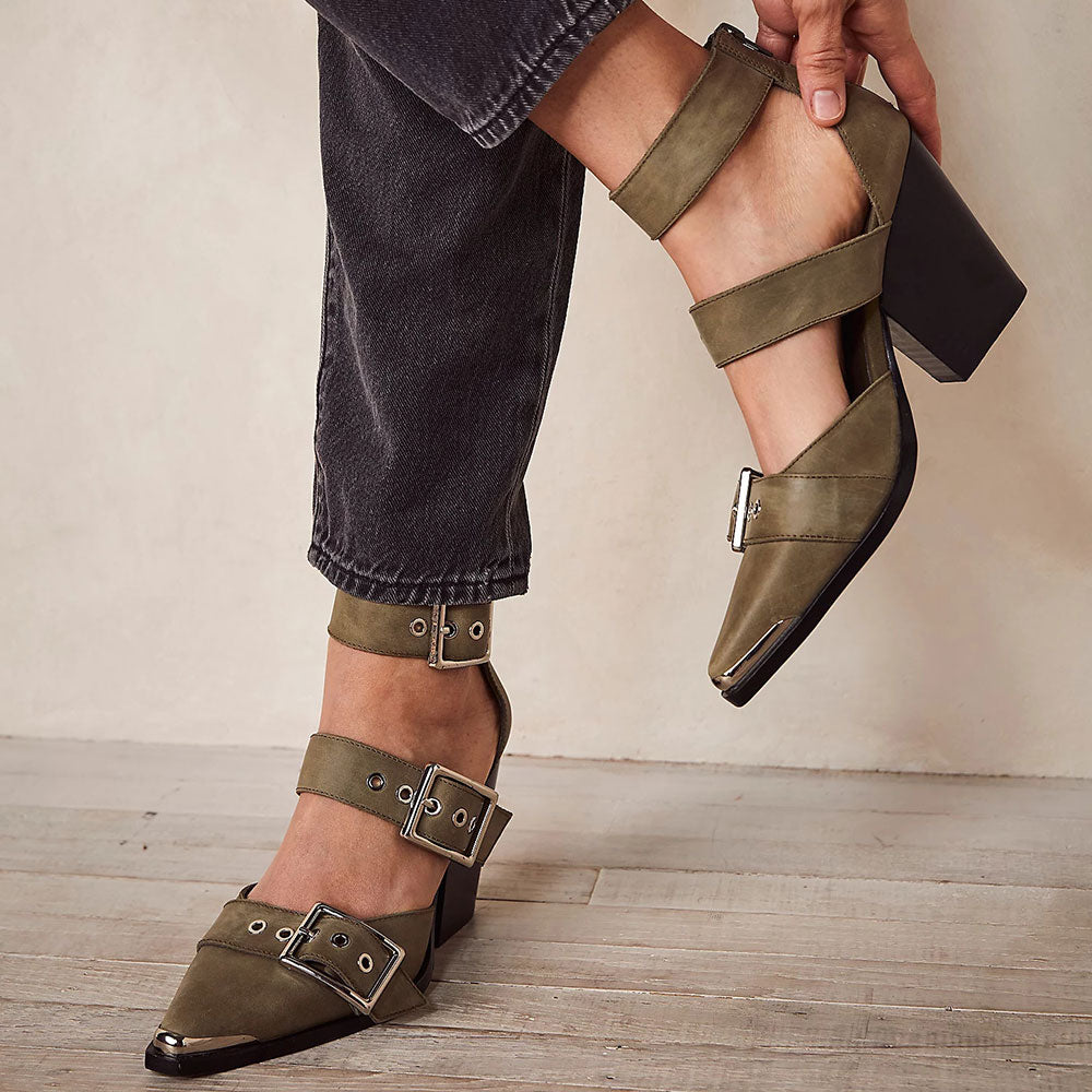 Women's Olive Pointed Toe Triple Strap Block Heel Pumps with Buckles