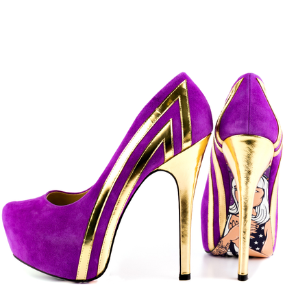 Women's Purple and Gold Platform Pumps with Printed Outsole