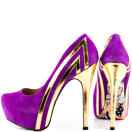 Women's Purple and Gold Platform Pumps with Printed Outsole