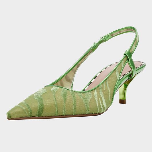 Women's Green Zebra Pattern Pointed Toe Slingback Kitten Heel Pumps