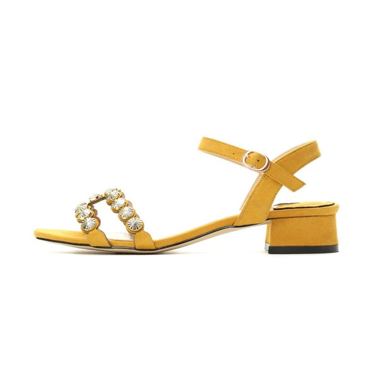 Yellow Vegan Suede Studded Block Heel Sandals
