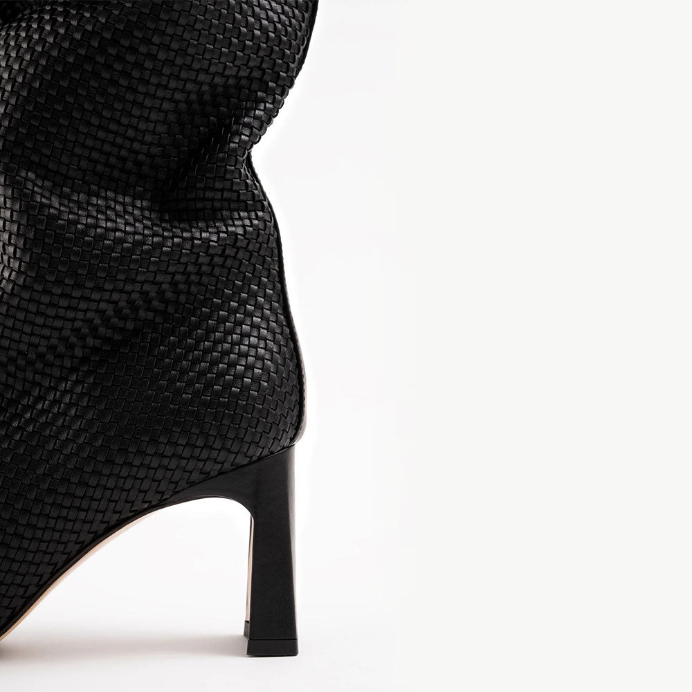 Black Woven Round Toe Chunky Heel Slouchy Knee High Boots