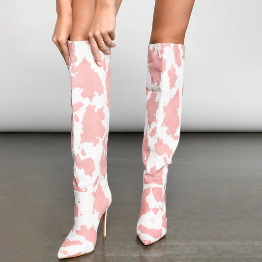 White and Pink Pointed Toe Cow Print Stiletto Heel Knee High Boots