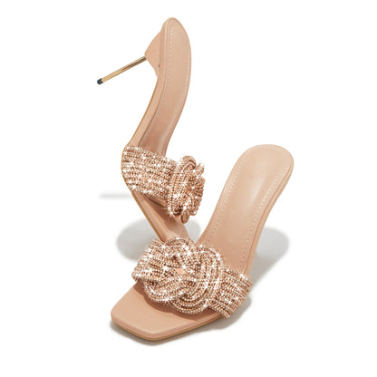 Beige Open Square Toe 4'' Decorative Heel Rhinestone Mules