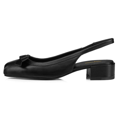 Women's Square Toe Block Low Heel Black Slingback Pumps with Bow