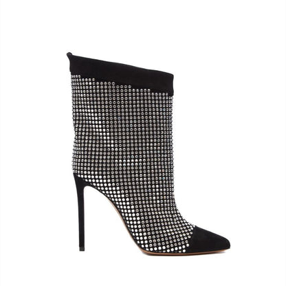 Black Vegan Suede Rhinestones Stiletto Heel Mid Calf Boots