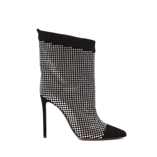 Black Vegan Suede Rhinestones Stiletto Heel Mid Calf Boots