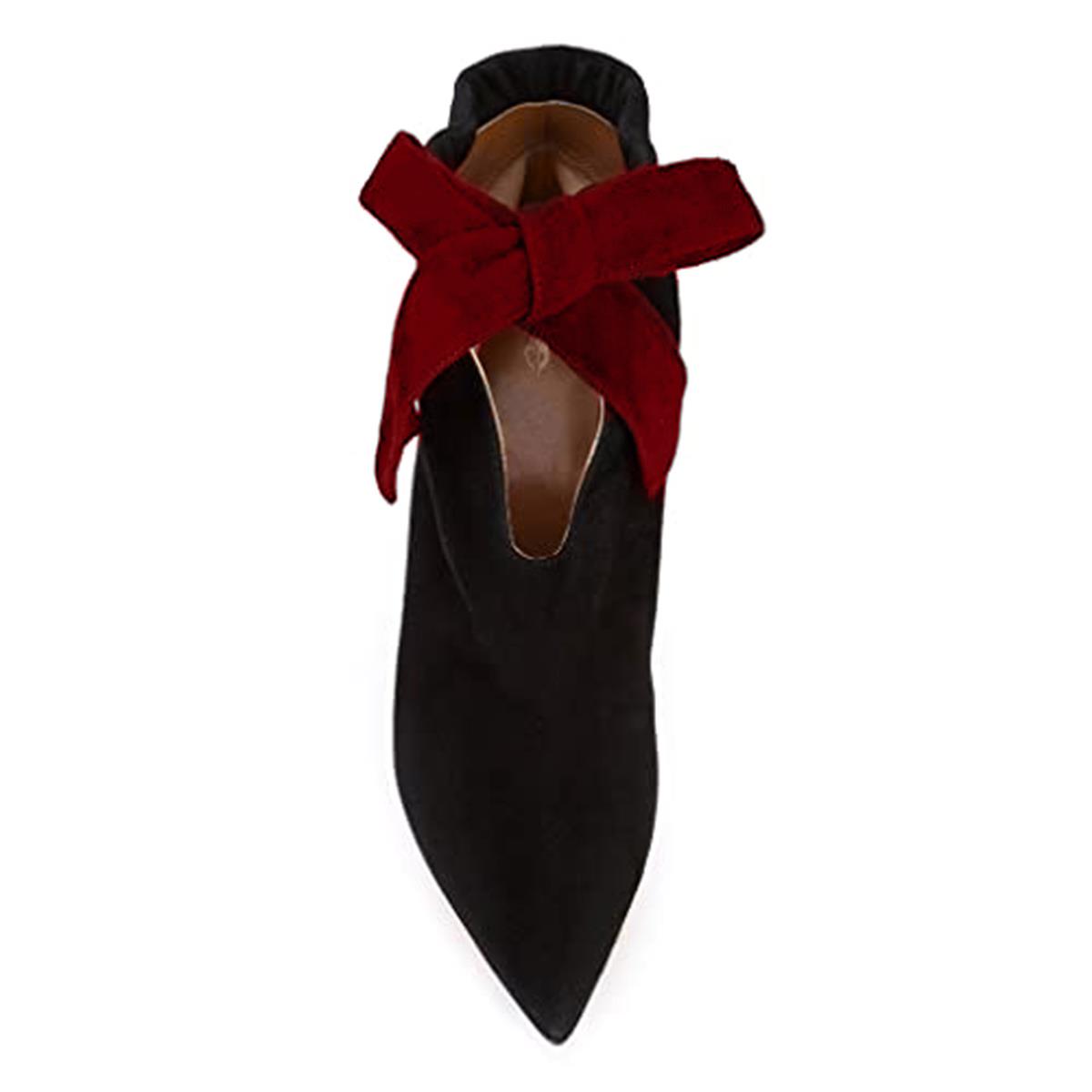 Women's Vegan Suede Pointed Toe Bowknot Decor Heeled Ankle Boots