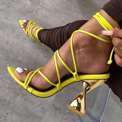 Yellow Pointed Toe 4'' Decorative Heel Lace Up Sandals