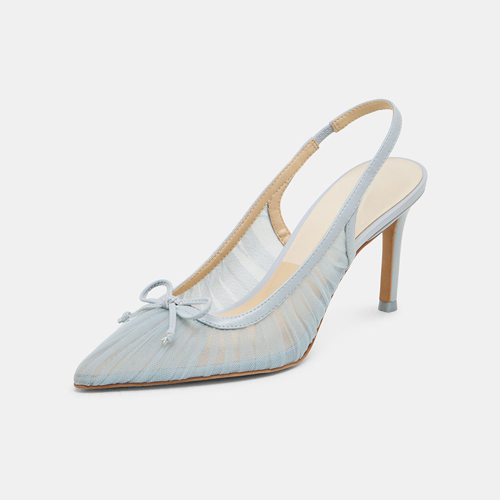 Light Blue Mesh Pleated Pointed Toe Bow Decor Slingback Heels