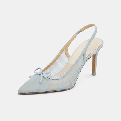 Light Blue Mesh Pleated Pointed Toe Bow Decor Slingback Heels
