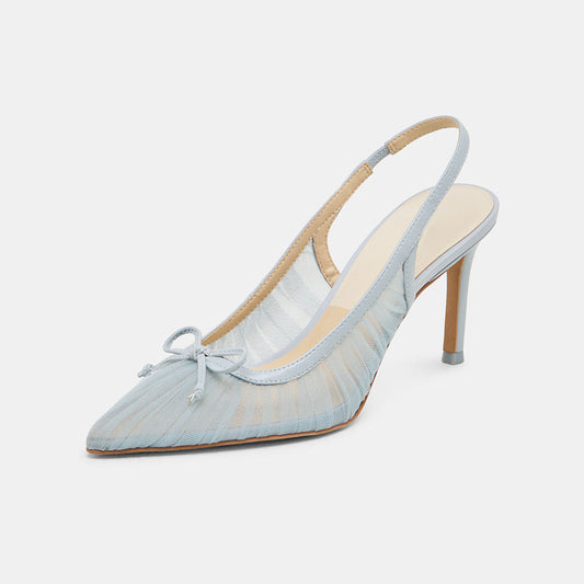 Light Blue Mesh Pleated Pointed Toe Bow Decor Slingback Heels