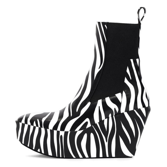 Black and White Zebra Print Wedge Heel Platform Chelsea Ankle Boots