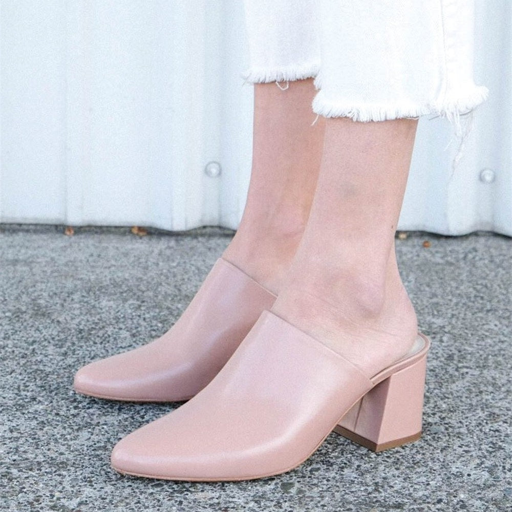 Women's Blush Block Heel Almond Toe Mules Shoes