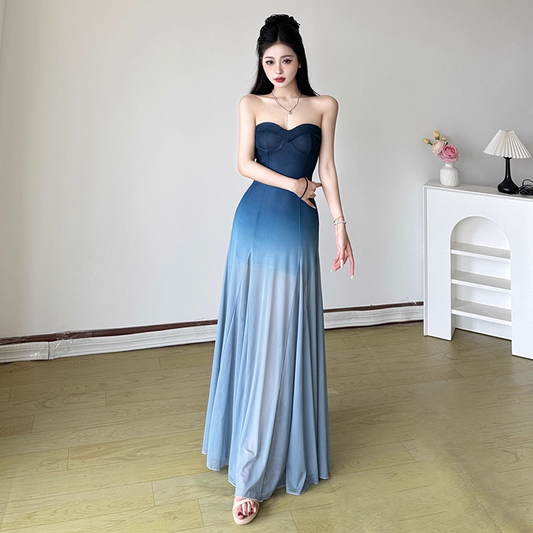 Simple Gradient Blue Sweetheart Strapless A-Line Summer Dresses Prom Dress Evening Dress TP4333