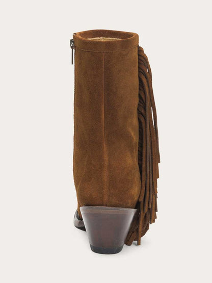 Brown Faux Suede Snip Toe Angle Fringe Zipper Cowgirl Ankle Boots With Chunky Heels