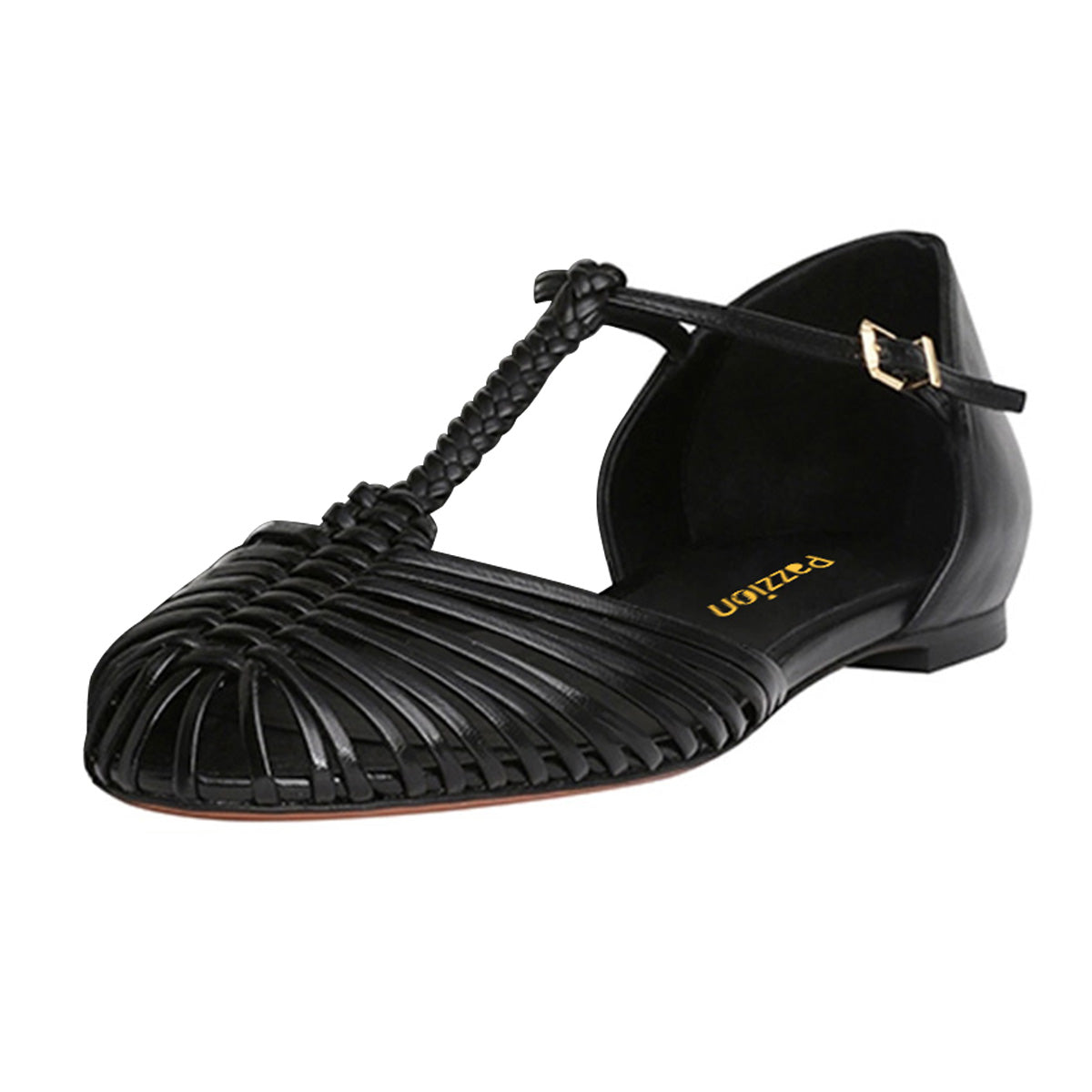 Black Woven T-Strap Caged Flat Sandals for Women with Buckle