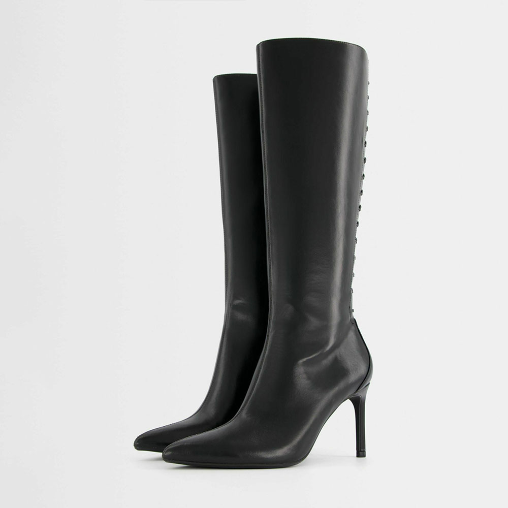 Black Pointed Toe Stiletto Heel Tie Detail Zipper Knee High Boots