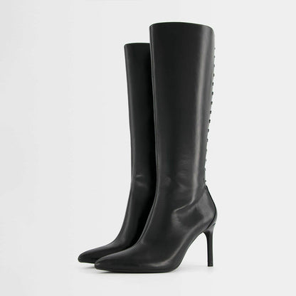 Black Pointed Toe Stiletto Heel Tie Detail Zipper Knee High Boots