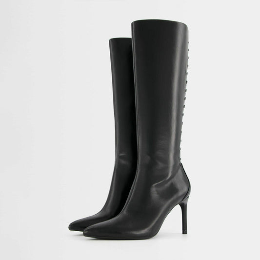 Black Pointed Toe Stiletto Heel Tie Detail Zipper Knee High Boots