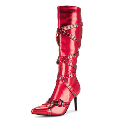 Red Pointed Toe Buckled Grommet Strap Stiletto Knee High Boots