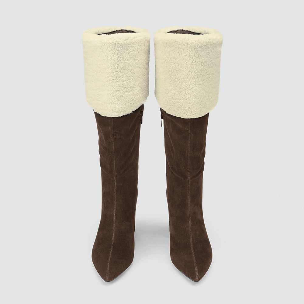 FSJ Brown Vegan Suede Almond Toe Fold Over Fuzzy Knee High Boots