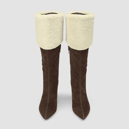 FSJ Brown Vegan Suede Almond Toe Fold Over Fuzzy Knee High Boots