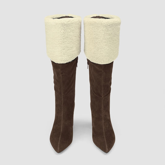 FSJ Brown Vegan Suede Almond Toe Fold Over Fuzzy Knee High Boots