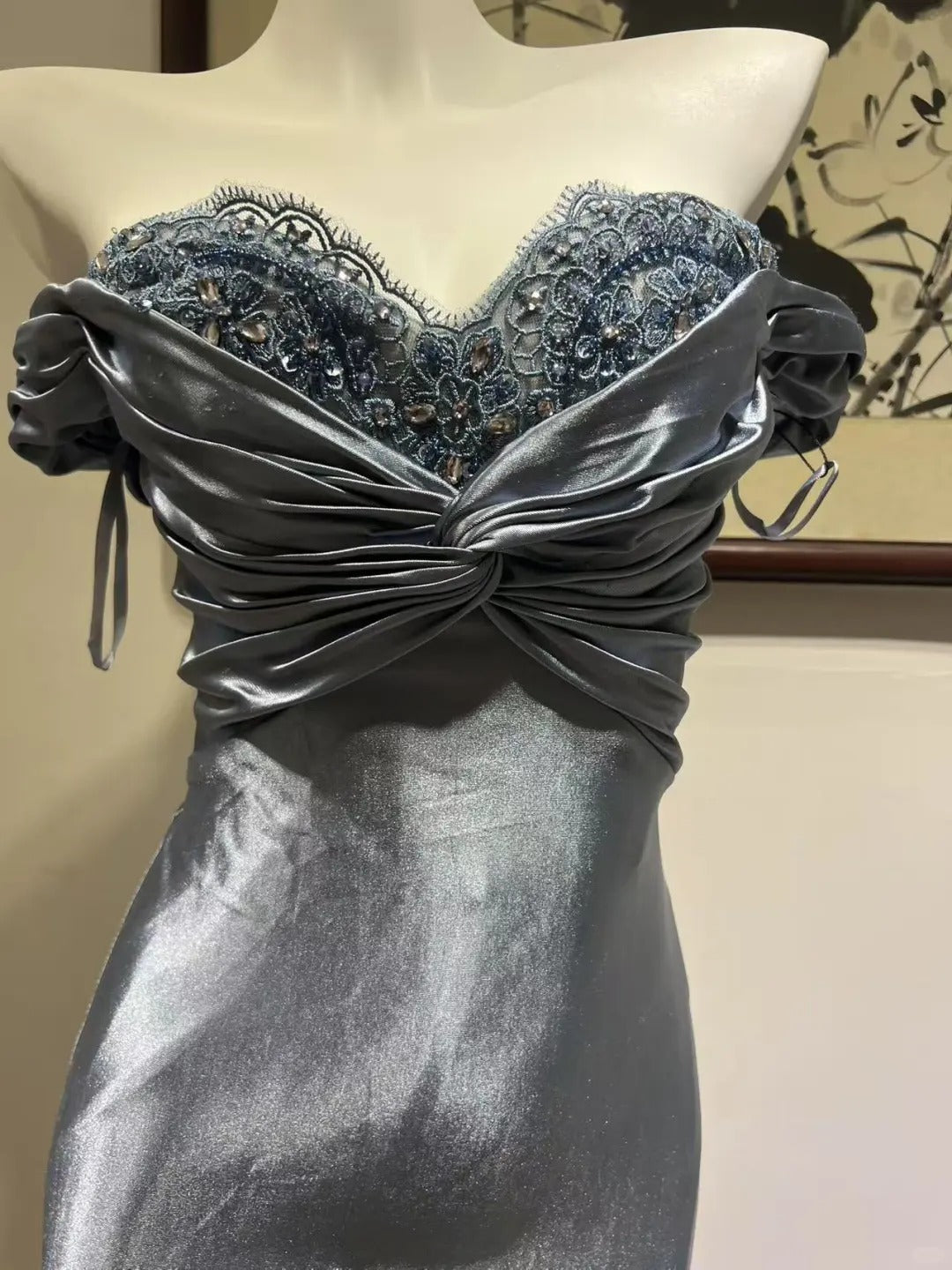 Elegant Grey-Blue Lace Knotted Satin Mermaid Long Prom Dress Evening Dress P4271