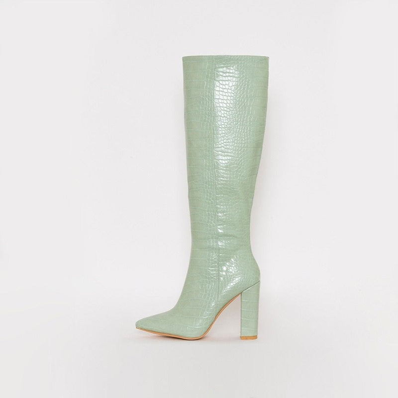 Mint Croco Embossed Chunky Heel Zipper Knee High Boots