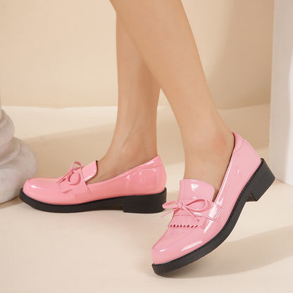 Pink Patent Leather Closed Toe Chunky Heel Formal Loafers