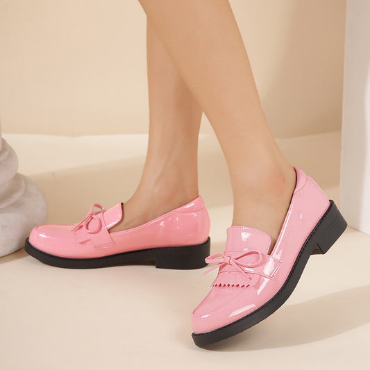 Pink Patent Leather Closed Toe Chunky Heel Formal Loafers