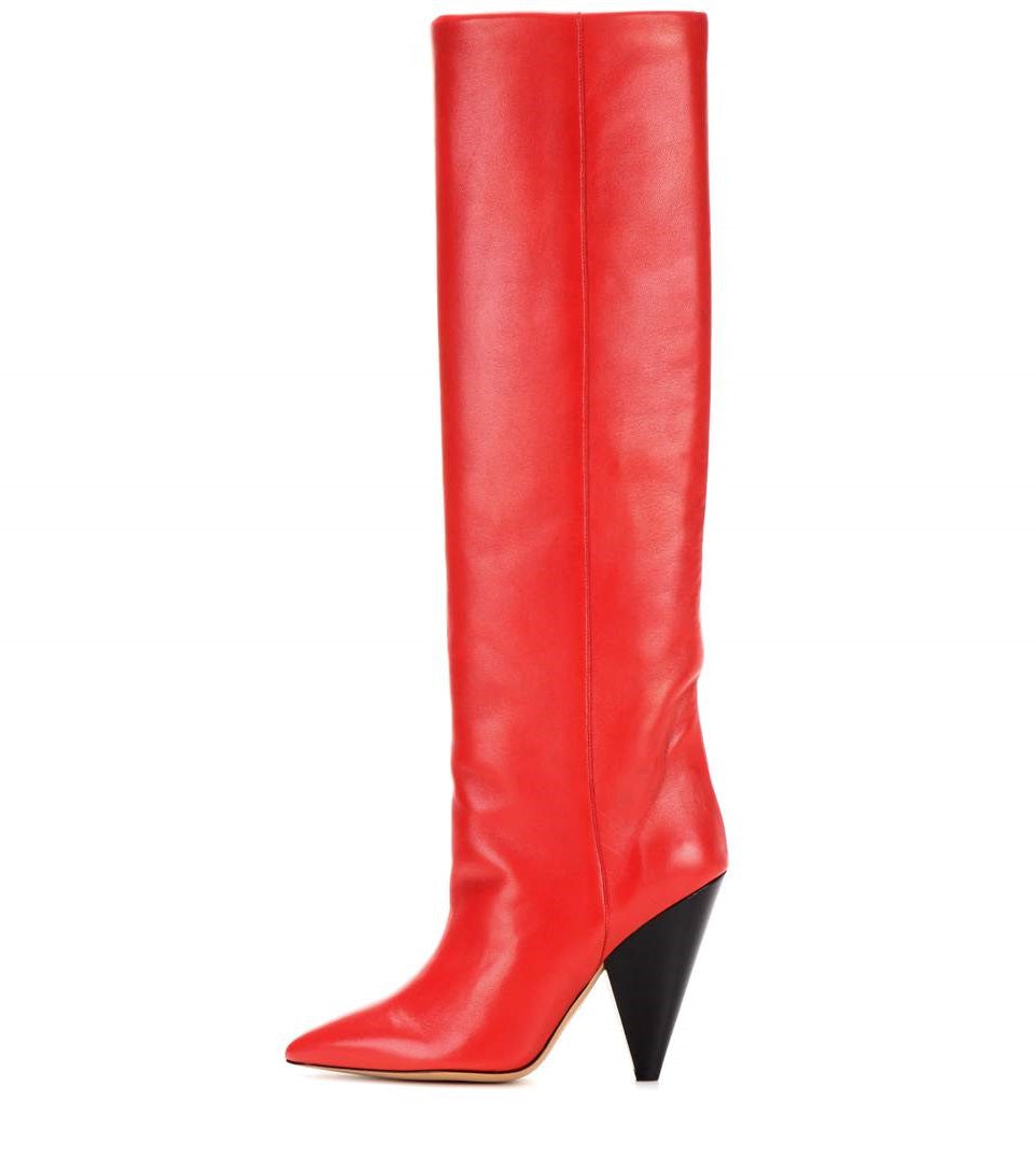 Vintage Red Pointed Toe Cone Heel Knee High Boots for Women