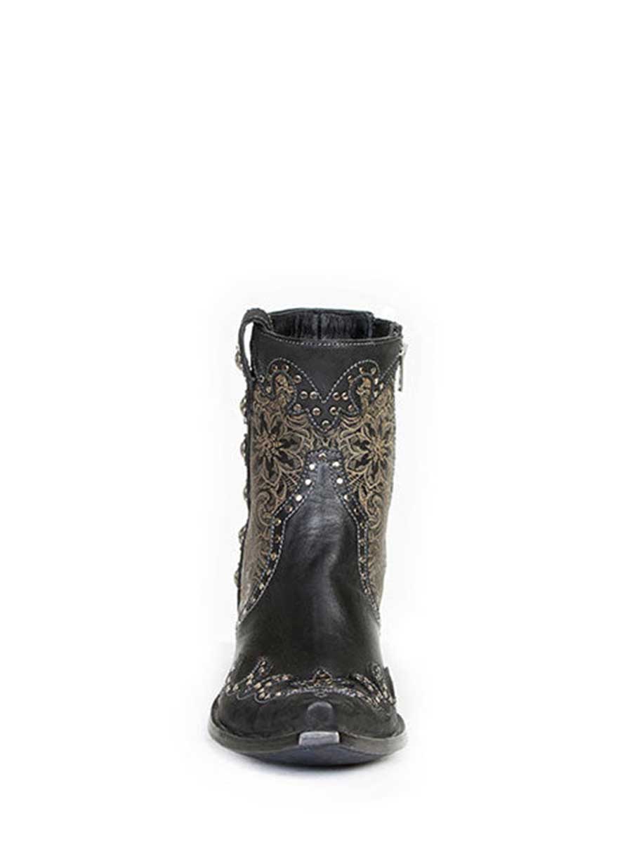 Black Vegan Leather Snip Toe Floral Printed Studded Block Heeled Cowgirl Ankle Boots