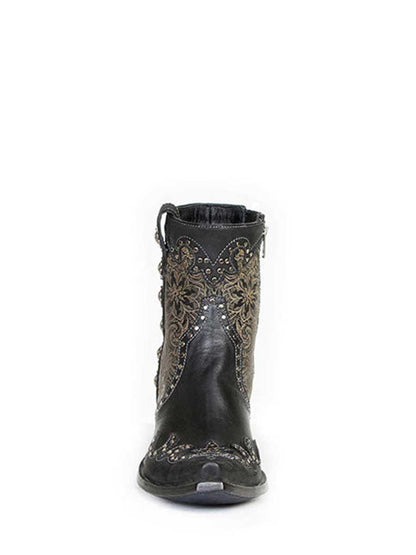 Black Vegan Leather Snip Toe Floral Printed Studded Block Heeled Cowgirl Ankle Boots