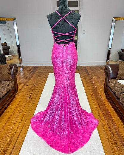 Sparkle Orange Sequin Mermaid Long Formal Dress Prom Gown