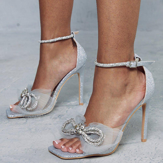 Silver Glitter Ankle Strap Stiletto Sandals Women's Bow Heels