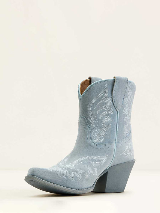 Baby Blue Faux Suede Snip Toe Embroidered Block Heel Cowgirl Ankle Boots