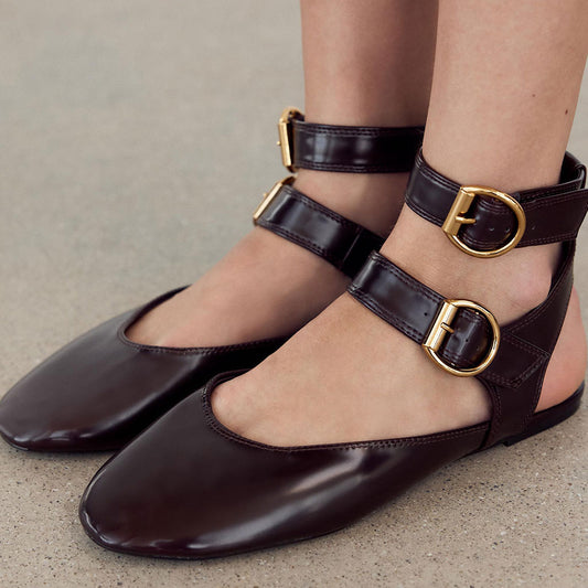 Maroon Round Toe Slingback Ballet Flats with Double Buckled Straps
