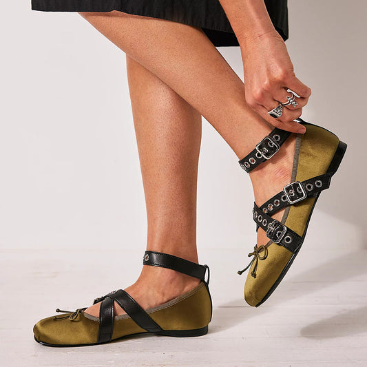 Olive Satin Square Toe Buckle Strap Ballet Flats with Bow Decor