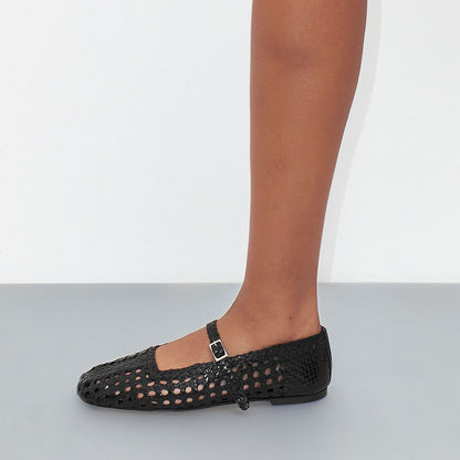 Black Square Toe Woven Detail Buckle Strap Flat Shoes Women
