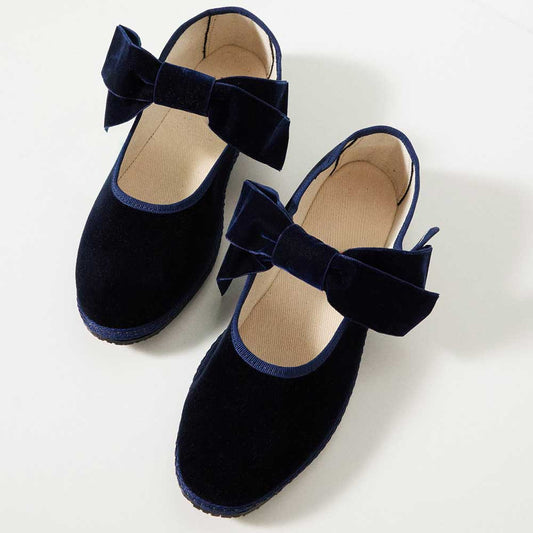 Women's Navy Blue Velvet Round Toe Bow Inlay Mary Jane Flats