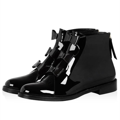 Black Patent Leather Bow Flat Ankle Boots
