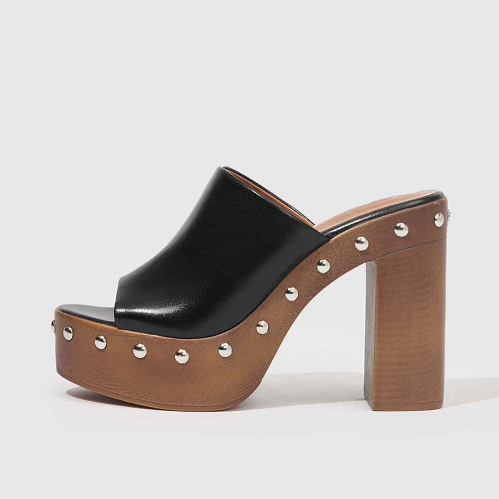 Black  Peep Toe Wide Band Studded Platform Mules With Chunky Heels
