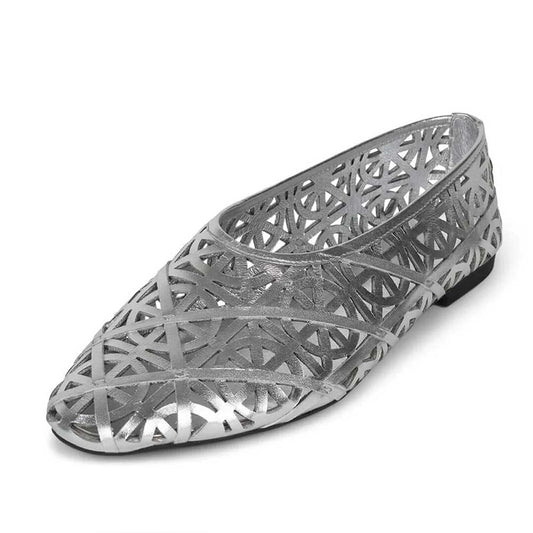 Women's Fashion Round Toe Laser Cut Flats Metallic Shoes in Silver