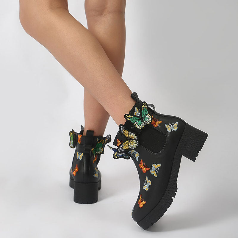 Black Round Toe Butterfly Embroidered Chunky Heel Ankle Boots