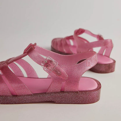 Pink Rubber Round Toe Flat Woven Buckle Strappy Sandals