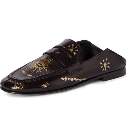 Black Square Toe Gold Printed Flats Penny Loafers Women