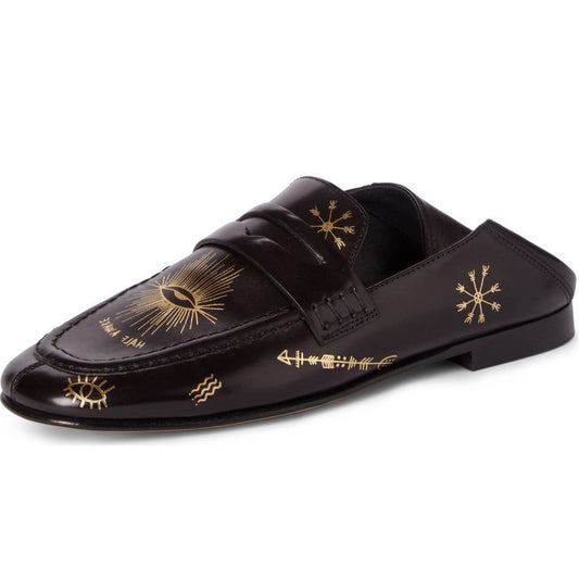 Black Square Toe Gold Printed Flats Penny Loafers Women